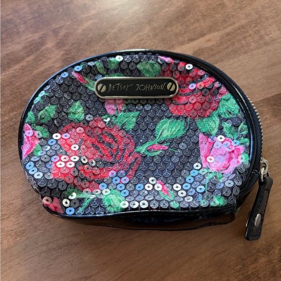 Betsey Johnson Handbags - Betsey Johnson Black Rose Floral Sequin Cosmetic Pouch